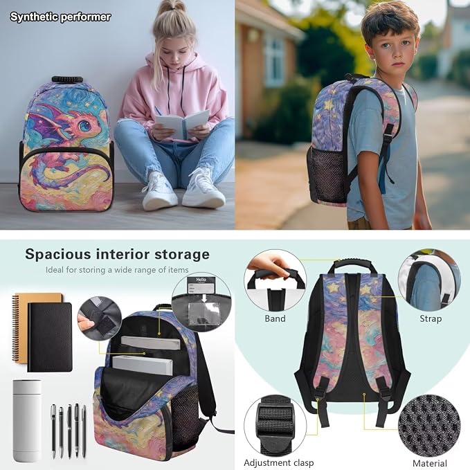 Pink Dragon Cute Backpacks for School Girl with Lunch Box, Starry Night Graphic 17 Inch Bookbag with Lunch Bag 4PCS Set, Elementary School Bag for Kids Age 6-8 Back to School