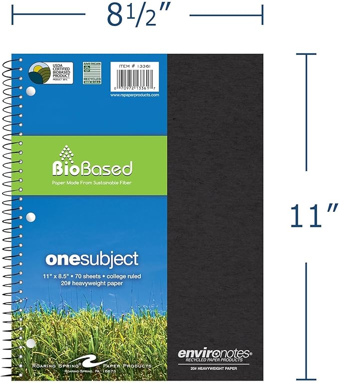 Roaring Spring Case of 24, Environotes Recycled One Subject Spiral Notebook, Heavyweight College Ruled BioBase Paper, 11" x 8.5" 70 Sheets, Assorted Earthtone Covers