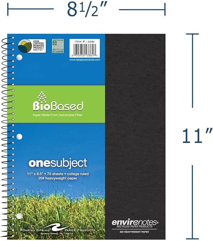 ROARING SPRING Case of 24, Environotes Recycled One Subject Spiral Notebook, Heavyweight College Ruled BioBased Paper, 11" x 8.5" 70 Sheets, Assorted Earthtone Covers