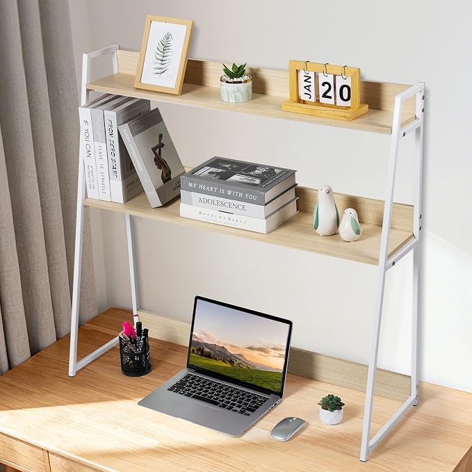 2-Tier Desktop Bookshelf & Hutch, Fits Over Large Monitors, Desk Organizer with Metal Frame, Vertical Storage for Small Desks, Home Office, Dorm, Makeup Vanity