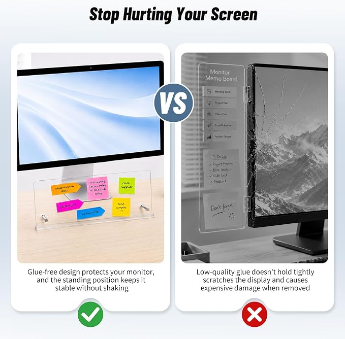 Monitor Memo Board Holder – 14"x5.5"Sticky Note for Desktop Office | Glue-Free, Acrylic Clear Portable, Movable & Reusable, Computer Screen Saver, Monitor Sticky Note Holder for Home Decor