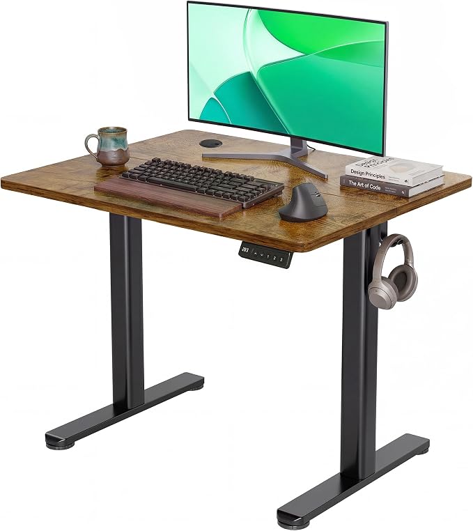 Claiks Electric Height Adjustable Stand Up Desk, 32x19 Inches Sit Stand Desk for Home Office, Rustic Brown Top/Black Frame