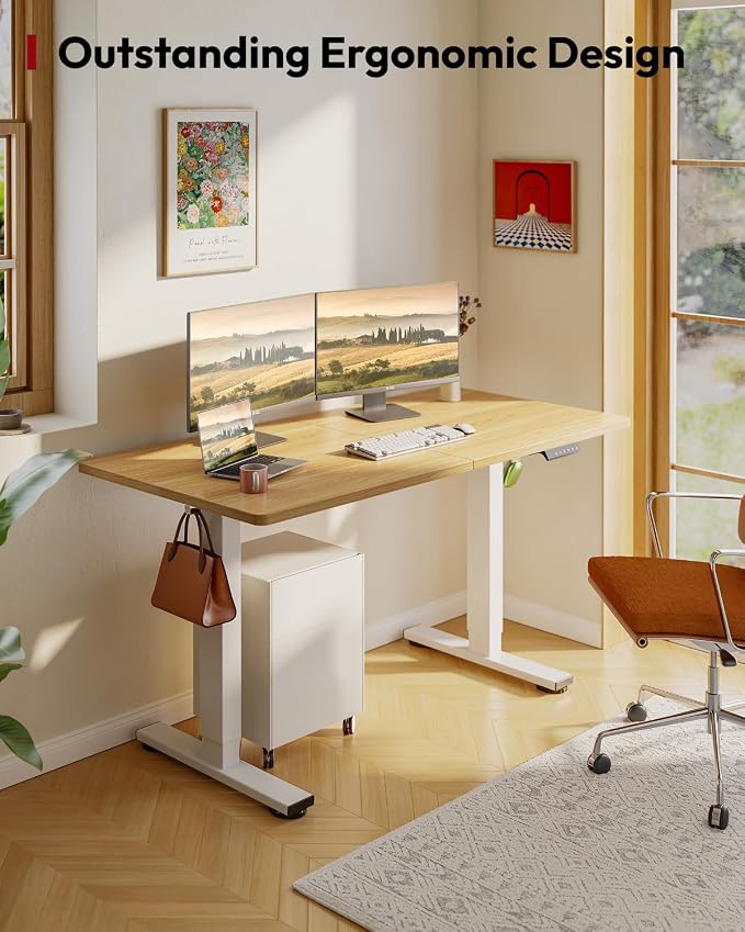 SANODESK Height Adjustable Electric Standing Desk 63x24 Inches, Sit Stand Desk with Splice Board for Home Office, Ergonomic Computer Workstation, Study & Gaming, White Frame/Maple Top