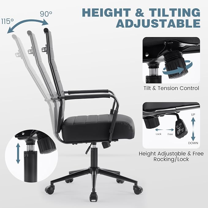 JOMEED Office Desk Chair,Conference Room Chair,High Back PU Leather Swivel | Modern Executive Ribbed Design, Ergonomic, Height Adjustable, Wheels and Arms, for Home Office(Black-Black Frame)