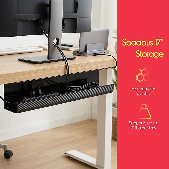 Pyle 2-Pack 17" Under Desk Cable Management Tray, Under Desk Cable Organizer with Adhesive Mount, Wire Management Under Desk for Home Office & Gaming Setup, Durable Plastic, 20 lb Capacity, Black