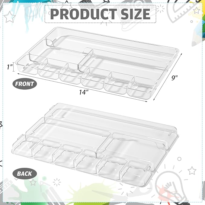 2 Pcs Shallow Drawer Organizers 14" x 9" x 1" Desk Drawer Organizer Tray with 9 Storage Compartments for Home Office Classroom School Organizing Pens Paper Clips Sticky Notes (Clear)