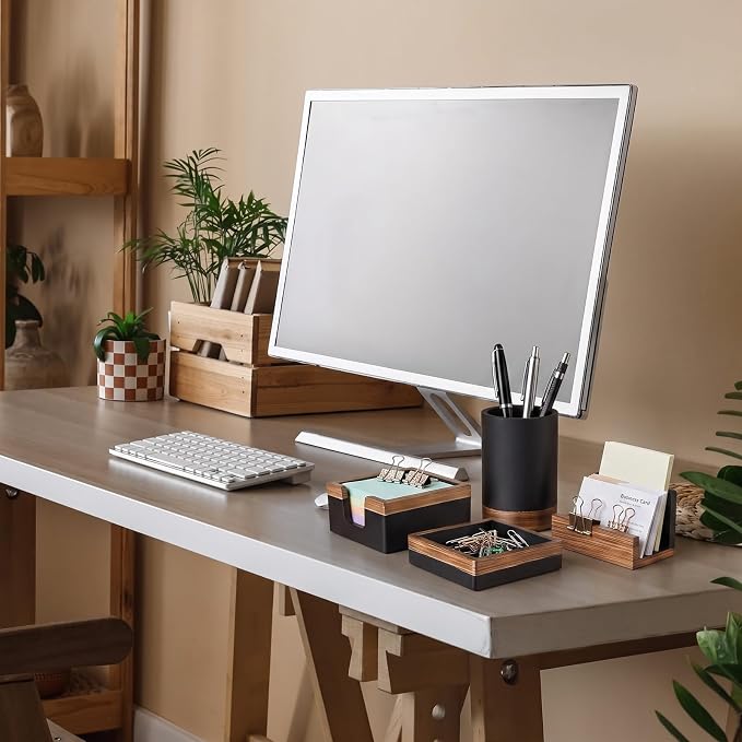 Set of 4 Modern Aesthetic Desk Accessories Organizer Set Minimalist Neutral Home Office Decor Desk Supplies for Men-Pen, Business Card Holder, Sticky Note, Paper Clip Holder (Black)