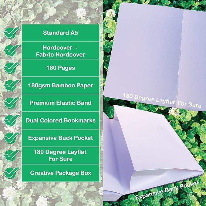 BUKE Dot Grid Notebook Dotted Journal,180Gsm Bamboo White Paper, 5 * 5MM Dots 160 Pages, Lay Flat Binding,Colored Silver Edges, Bookmarks and Expandable Back Pocket