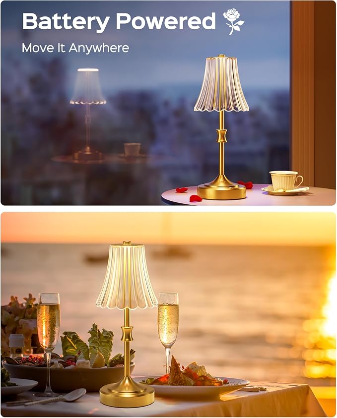 JACKYLED Vintage Cordless Table Lamp, Acrylic Crystal Flower Lamp Shade, 3 Colors Dimmable LED Golden Lamp, 5000Capactiy powerOperated Rechargeable Lamp for Kitchen Counter Home Decor