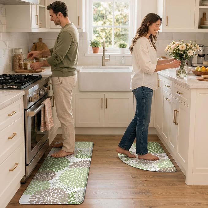 KIMODE Half Circle Anti Fatigue Mats for Kitchen Floor Rug Sets of 2 | 18"x28+18"x47",Sage Green,Dahlia Floral Boho,Kitchen Rug 2pcs,Non Slip,Waterproof,for Sink Office Laundry Bathroom Decor