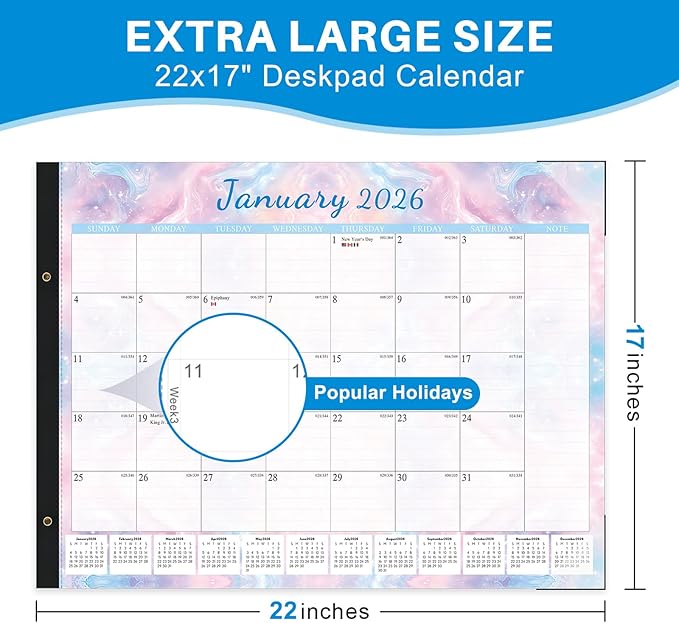 2026 Desk Calendar Large 22x17 – Desk Top Calendar 2026 with plastic cover