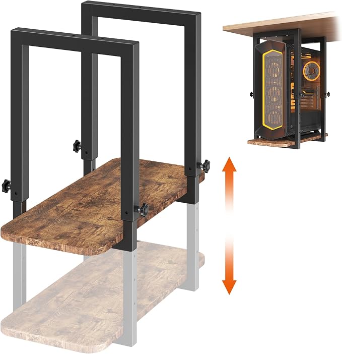 Heavy Duty Under Desk PC Mount, Height Adjustable, Black & Rustic Brown | Fits Maximum PC Case: 9.6”(Width) x 14.7''(Height), Stable Wood Base(size 22''x9.6'' ), Easy to Assemble, Max Load 66 lbs