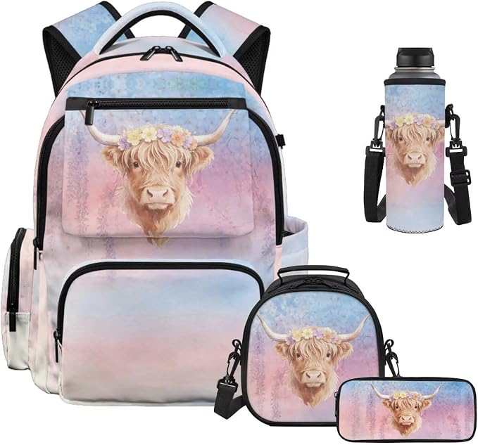 WELLFLYHOM Highland Cow Kids Backpack Set with Lunch Box Girls 8-12 Cherry Blossom School Bookbag Lunch Bag Pencil Pen Case Water Bottle Carrier Back to School Gift