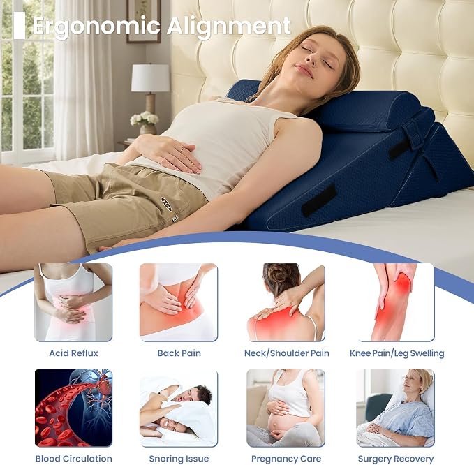 Sasttie Adjustable Wedge Pillow Set for After Surgery, Navy | Bed Wedge Pillow Headboard with Memory Foam Neck Cushion, for Acid Reflux, Sleeping, Neck & Back Support