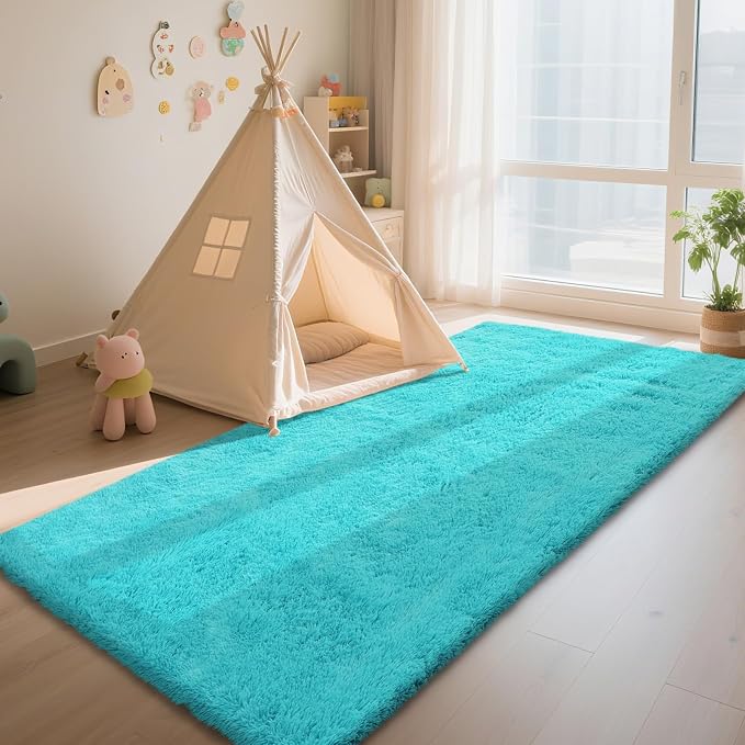 Teal Blue Rug Fluffy Rugs, 3x7 Teal Area Rugs for Bedroom, Soft Play Mat, Indoor Floor Carpet for Teen, Preppy Dorm, Plush Aesthetic Bedside Rug