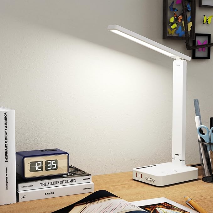 Desk Lamps for Home Office,Modern LED Desk Lamp for Dorm with USB Type C Port 2 AC Power Outlets,3 Lighting Mode,3 Level Brightness,Touch Control/Timer/Eye-Caring Foldable Table Lamp Study Desk Light