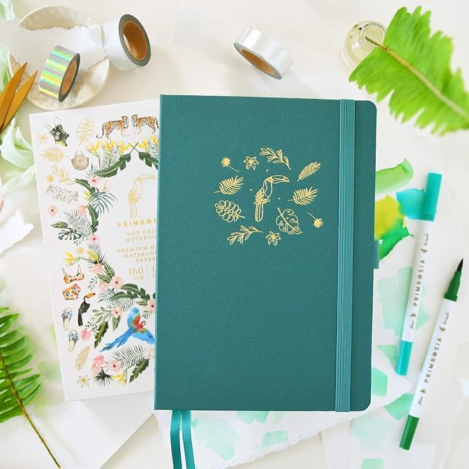 Primrosia A5 Dot Grid Watercolor Journal Notebook – 160 pages I 160gsm Premium Heavy Paper, No Bleed – Luxe Linen Hard Cover with Cute Deer Slip Cover (Toucan Summer)