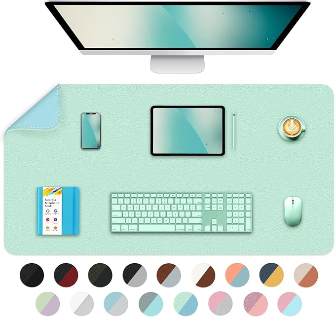 Bleswin Multifunctional Large Desk Mat, Double Sided Computer Desk pad, Extended Mouse Mat, Office Desk Protector with Waterproof PU Leather, 35.4''×16.9'', Office Home Writing Pad (Lake Green+Blue)
