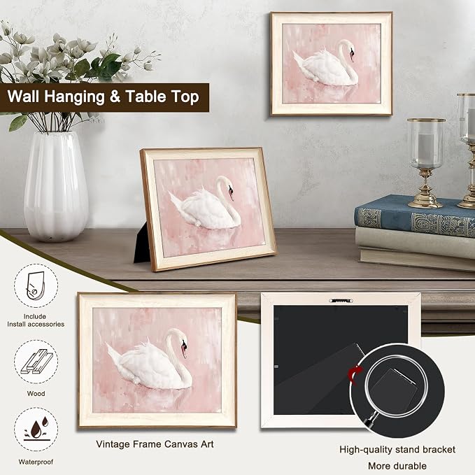 Uniro Framed Canvas Wall Art Swan Decor, Vintage Wall Art Animal Oil Painting Bathroom Wall Decor, White Swan Vintage Art Prints for Pink Room Decor, Pastel Pink Coquette Room Decor for Nursery, Bedroom, Girly R.oom D.ecor- 10x12 inches
