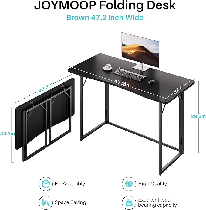 JOYMOOP Black 47.2" Folding Desk, No Assembly Small Foldable Desk for Home, Office, Wooden Top Folding Computer Desk for Working, Writing, Studying - Large Size