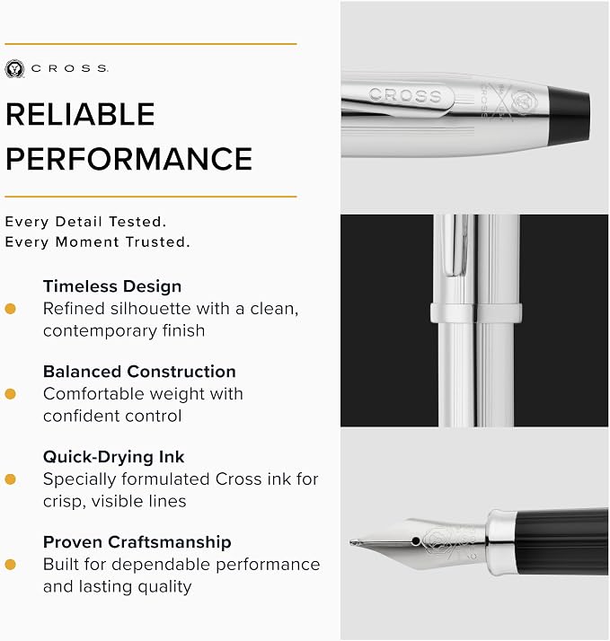 Cross Century II Lustrous Chrome Medium Nib Fountain Pen - Professional Pen for Everyday Use - Smooth Writing - Comfortable Grip - Black Ink - Durable Construction - Includes Gift Box