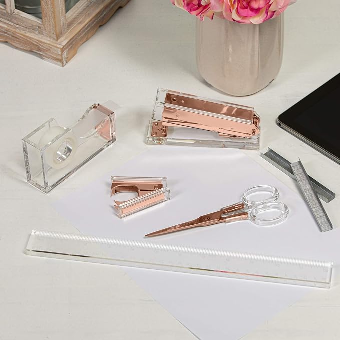Rose Gold Acrylic Lucite Bundle | Premium Stapler, Tape Dispenser, Scissors, Staple Remover, & Ruler Gift Set | Clear Stationery & Desk Accessories | Modern, High End, Chic, Luxury Office Goods