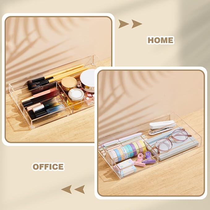 Briwooody Clear Acrylic Drawer Organizer,4 Compartments,Small | 11 x 6.1 x 1.38 Inch Desk Storage Tray Organizer for Pen, Stationery, Desktop, Office, Bathroom, Kitchen, Makeup Supplies