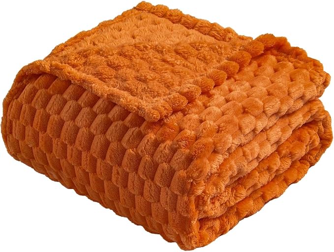 Vessia Flannel Fleece Throw Blanket(50x60 inch), 3D Jacquard Burnt Orange Fuzzy and Warm Blanket for Couch, Sofa, Bed, Chair, 300GSM Super Soft Touch Cozy Lightweight Throw for All-Season Home Decor