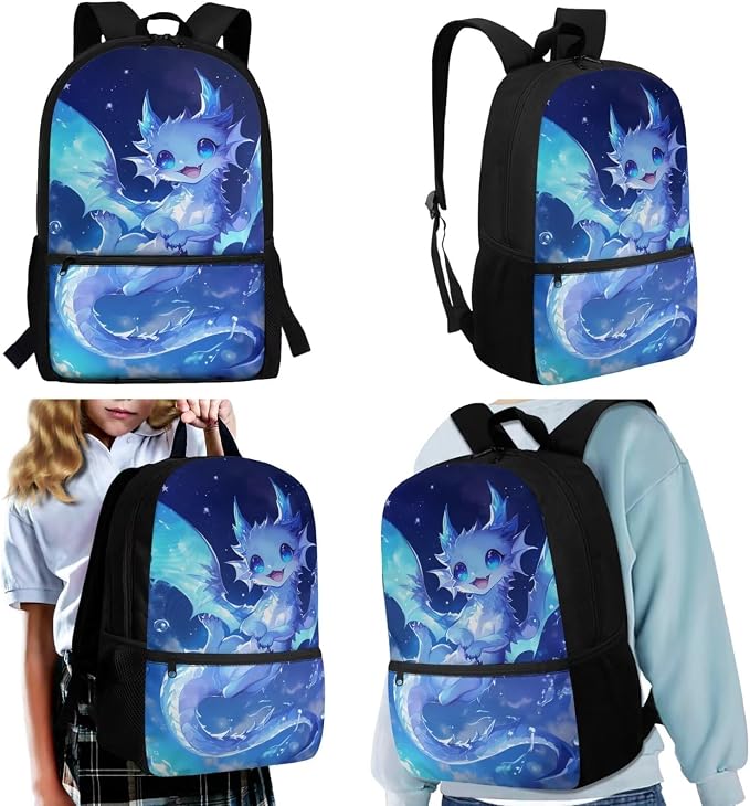 WELLFLYHOM 4PCS Blue Ice Dragon Backpack Set for Elementary School Kids 6-11, Girls 17inch Cute Backpack with Lunch Box for Back to School, Lightweight Bookbag Reduce Shoulder Pressure