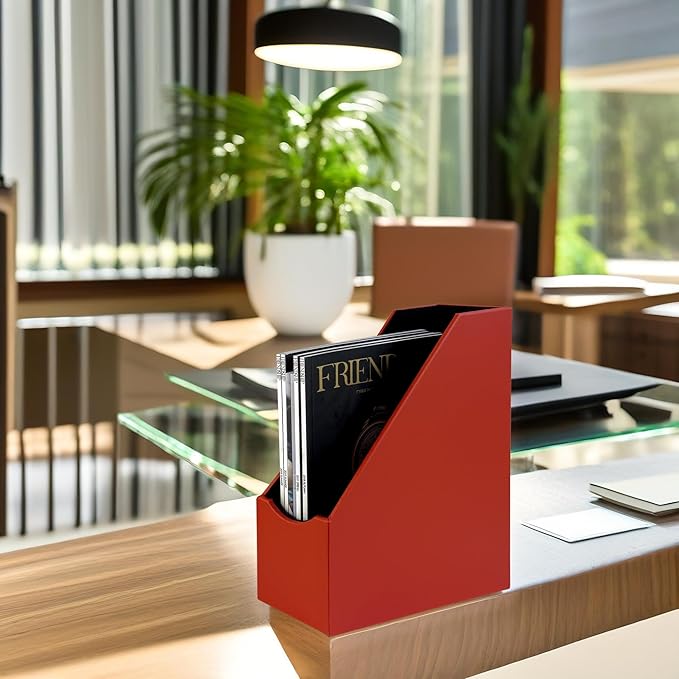 UnionBasic Magazine File Holder, Leatherette Desktop Document Organizer, Home Office Paper Holder File Storage Literature Sorter, Red