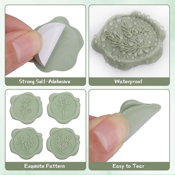 60Pcs Wax Seal Stickers, Wedding Invitation Envelope Seal Stickers Adhesive Backed Sage Green for Wedding, Party,Baby Shower, Gift Wrapping (4 Leaf Styles)