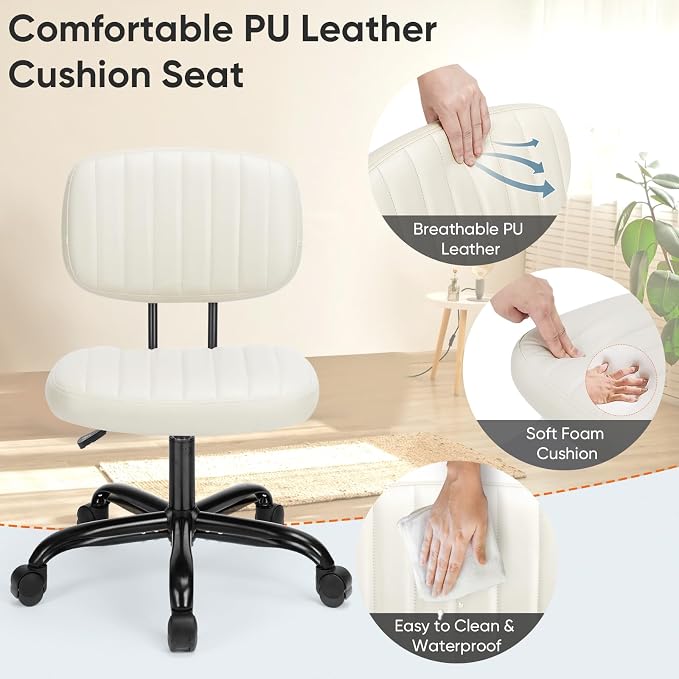 DUMOS Small Office Desk Chair, Armless Vanity Chair with Lumbar Support | PU Leather, 360° Rolling Task, Height Adjustable, Home Bedroom, Adult, Student, Beige White