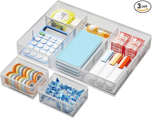 Marbrasse 3 Packs White Desk Drawer Organizers,Drawer Organizer Tray with 9 Adjustable Compartments,Junk Drawer for Makeup & Vanity, Office Desk Supplies and Accessories（White）