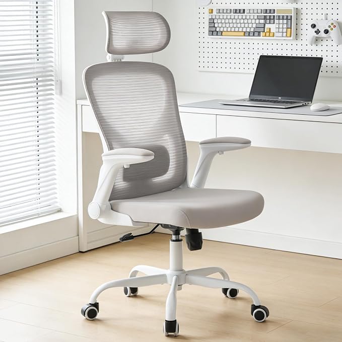 Office Chair,Ergonomic Mesh Computer Desk Chair,Grey | 2D Adjustable Lumbar Support,3D Headrest,Adjustable & Flip-Up Armrests,Rolling,Tilting,Swivel,High Back,Executive PC Chair