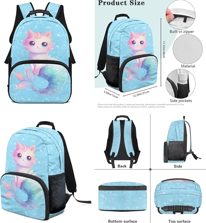 ZFRXIGN Cat Kids Backpack for Girls Bookbag with Cute Pendant 17inch Kindergarten School Bag and Insulated Lunch Box Portable Pencil Case Back to School Supplies