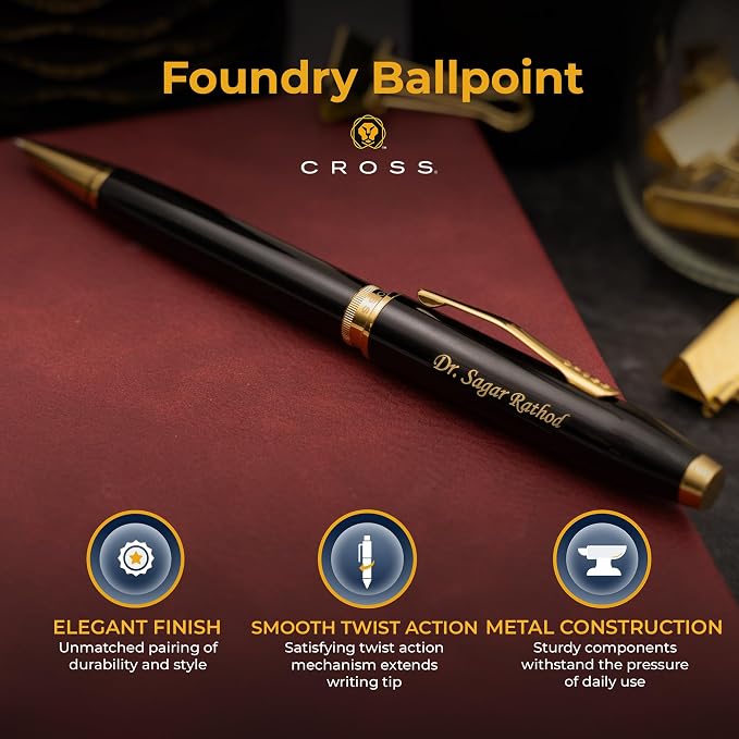 Personalized Cross Foundry Ballpoint Pen | Engraved Black Lacquer with PVD Gold Appointments | Executive Cross Ballpoint for Senior Executives, Corporate Awards, and Milestone Occasions