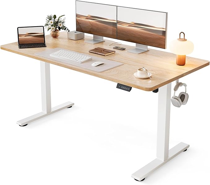 Cubiker Standing Desk, 55x28 Inches Sit Stand Home Office Desk, Electric Stand up Desk, Adjustable Desk with Splice Board, White Frame/Maple Top