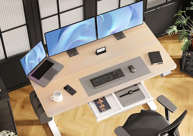 Claiks Electric Standing Desk with Drawers, 55x24 Inch Natural | Sturdy steel frame, 176 lbs capacity, 28.35 to 46.46 inch height range, 45 dB motor, 3 preset buttons, 2 hooks