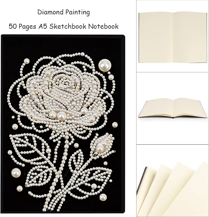 FRANDEK Pearl Painting Notebook Kit, Black and White Rose A5 DIY Journal with 50 Blank Pages, Diamond Gem Art Cover with Waterproof Canvas, Beginner Craft Set with Full Tools for Adults