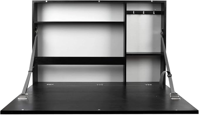 Prinz Work From Home Wall-Mounted Desk, Black Folding With Chalkboard Front, Space-Saving Floating Design, Ready to Hang, Interior Shelves, 36 x 24 x 5 Inches