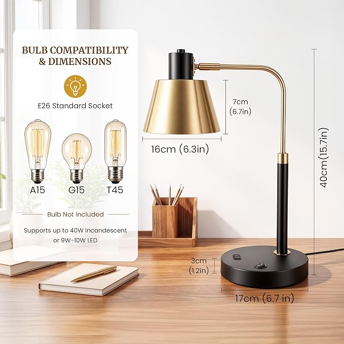 Desk Lamp with USB-C, USB-A and AC Outlet, Adjustable E26 Table Lamp for Home Office and Bedside Reading, Matte Black and Brushed Brass-Look, Bulb Not Included