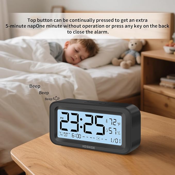 Night Light Digital Alarm Clock Battery Operated with Indoor Temperature Humidity, Desk Small Clock,Snooze Model,12/24H Display for Bedrooms Heavy Sleepers Kids Travel Bathroom (Black)