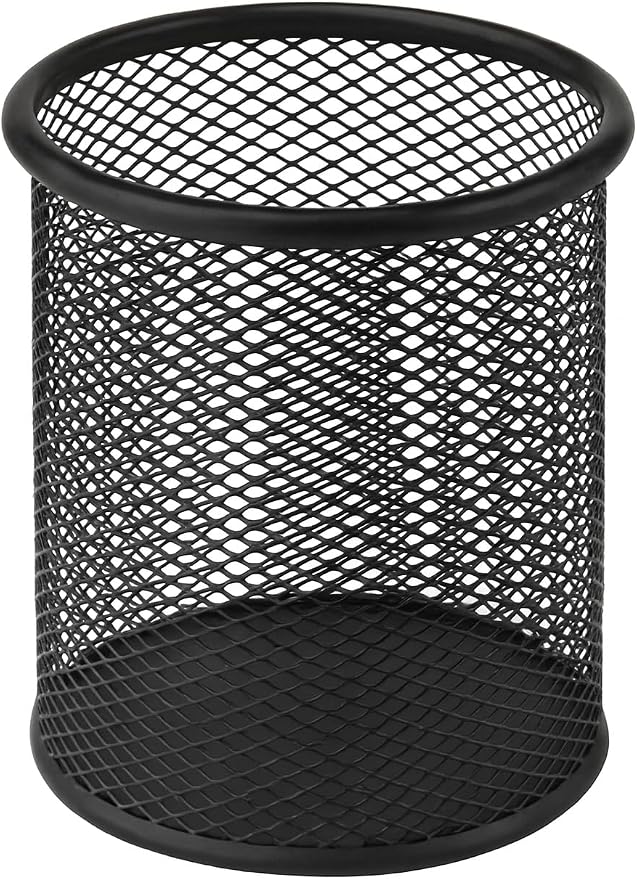 Lantern & Pine Co. Metal Mesh Pen Holder, Modern Office Desk Organizer in Black, Blue, Pink, Minimalist Design Pencil Cup Caddy (Black)