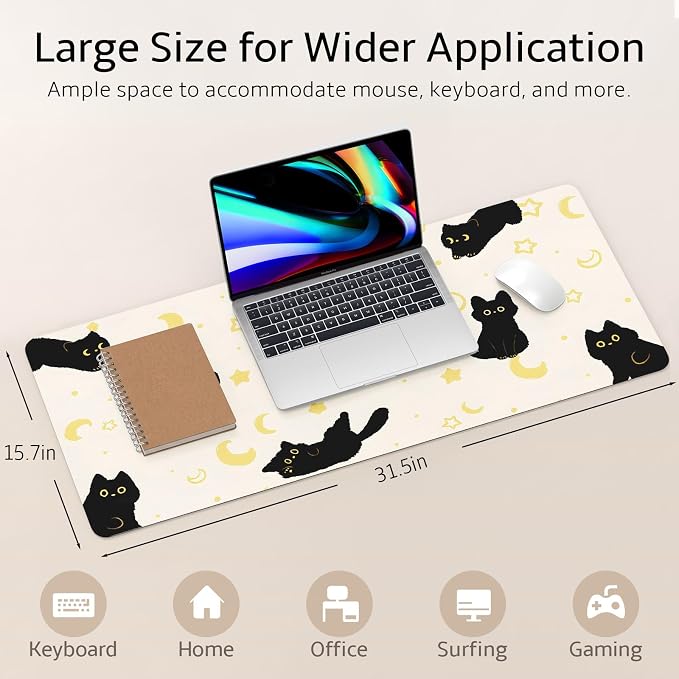 Mouse Pad Leather Desk Mat Large Keyboard Cute Office Desktop Computer Laptop XXL Long Big Aesthetic Modern Design Women Girls Gaming Gamer Oversized Wide Mousepad 31.5"x15.7", Black Cat