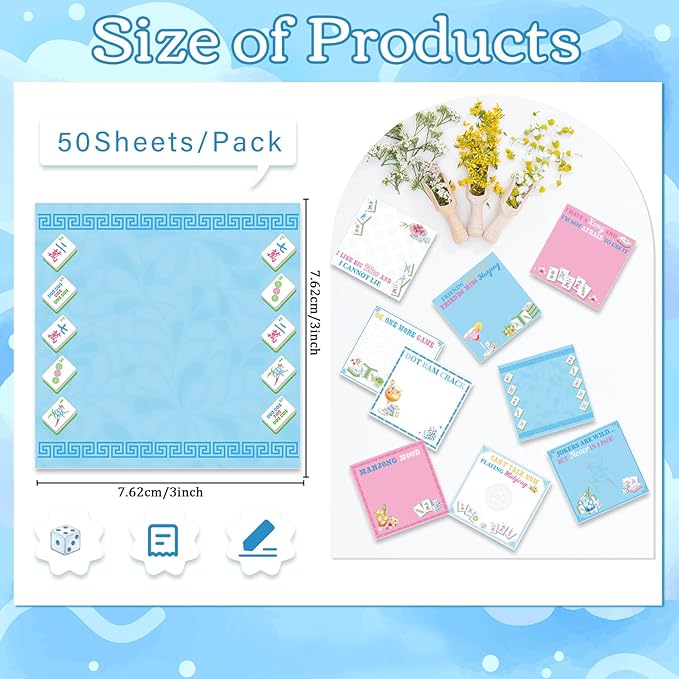 Mahjong Sticky Notes Gifts - 9 Pack Mahjong Notepads 3x3 Inch Gifts for Mah Jong Lovers, Mah Jong Cocktail Memo Pads Office School Supplies for Friends Coworkers (450 Sheets)