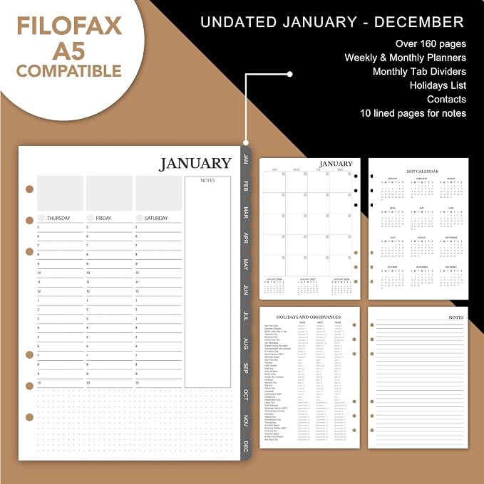 Wanderings Undated Monthly & Weekly Planner Inserts for A5 6-Ring Binder – 12 Months, Jan–Dec | Hourly Weekly Spreads, Contacts & Notes | Filofax Compatible | 120 GSM | 5.5" x 8.25"