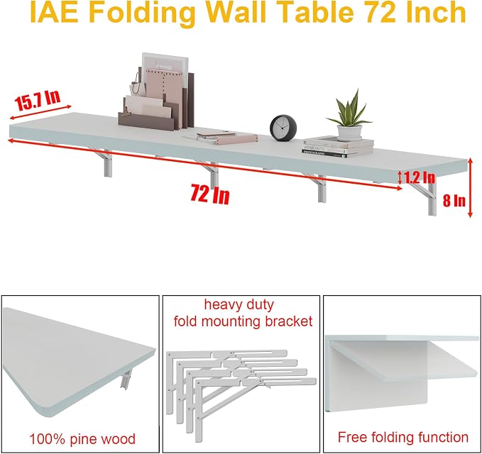 IAE Wall Mounted Folding Table with Pine Wood,72" x 16" Floating Wall Desk,Laundry Folding Table with Shelf Brackets,Fold Down Desk Shelf,Fold Workbench for Apartments,Home,Laundry Room,Kitchen,White