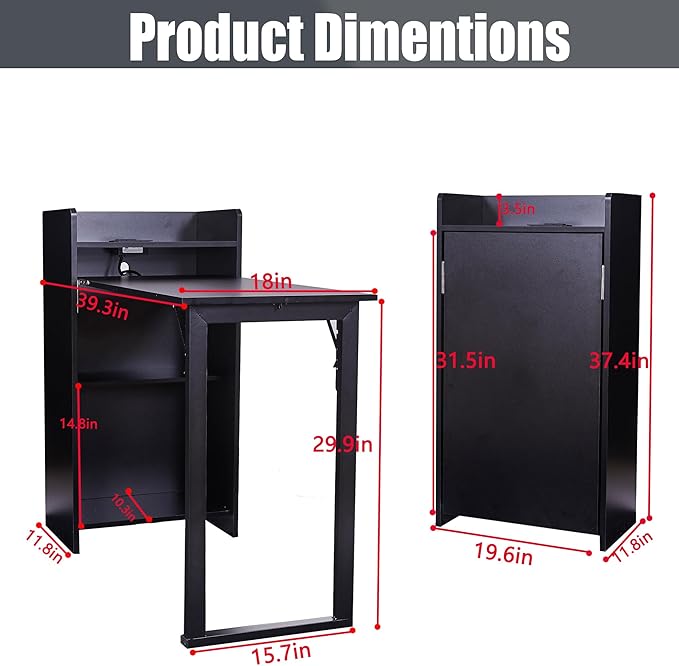 Foldable Desk,Hidden Desk with Storage and Built-in Socket,Mid Century Fold Out Table for Small Spaces,Home Office and Bedroom (Black)