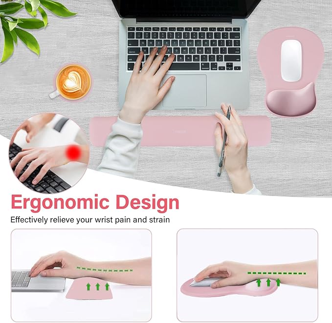 MOSISO Wrist Rest Support for Mouse Pad&Keyboard Set, Ergonomic Mousepad&Coaster, Non-Slip Base Home/Office Rectangular Easy Typing Cushion Pad with Soft Cloth&Curved Concave Memory Foam, Pink