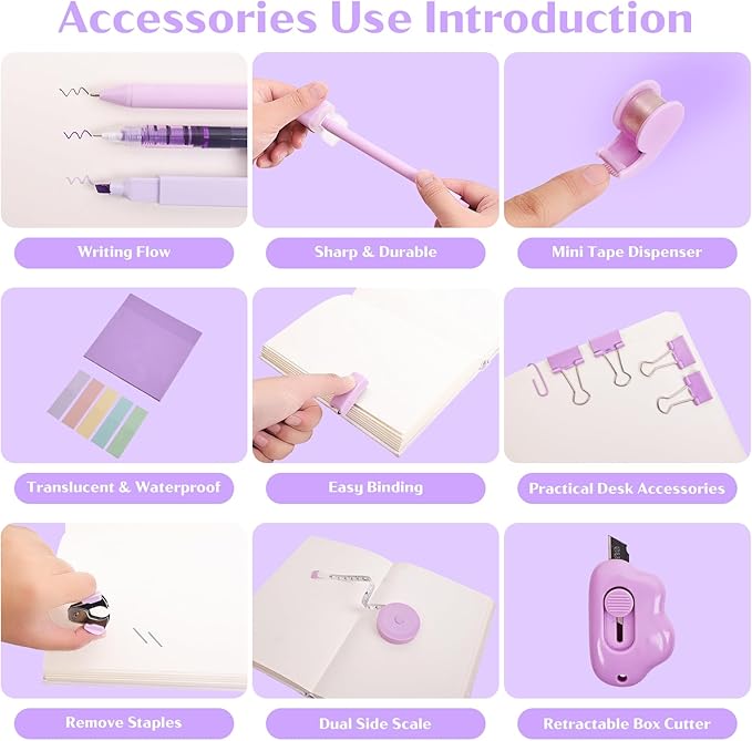 Mini Office Supply Kit, Mini Stapler with Staples and Tape Dispenser Set, Mini Stationary Kit Includes Sticky Notes Index Tabs Highlighters Gel Pens for Office & School Supplies (Purple)